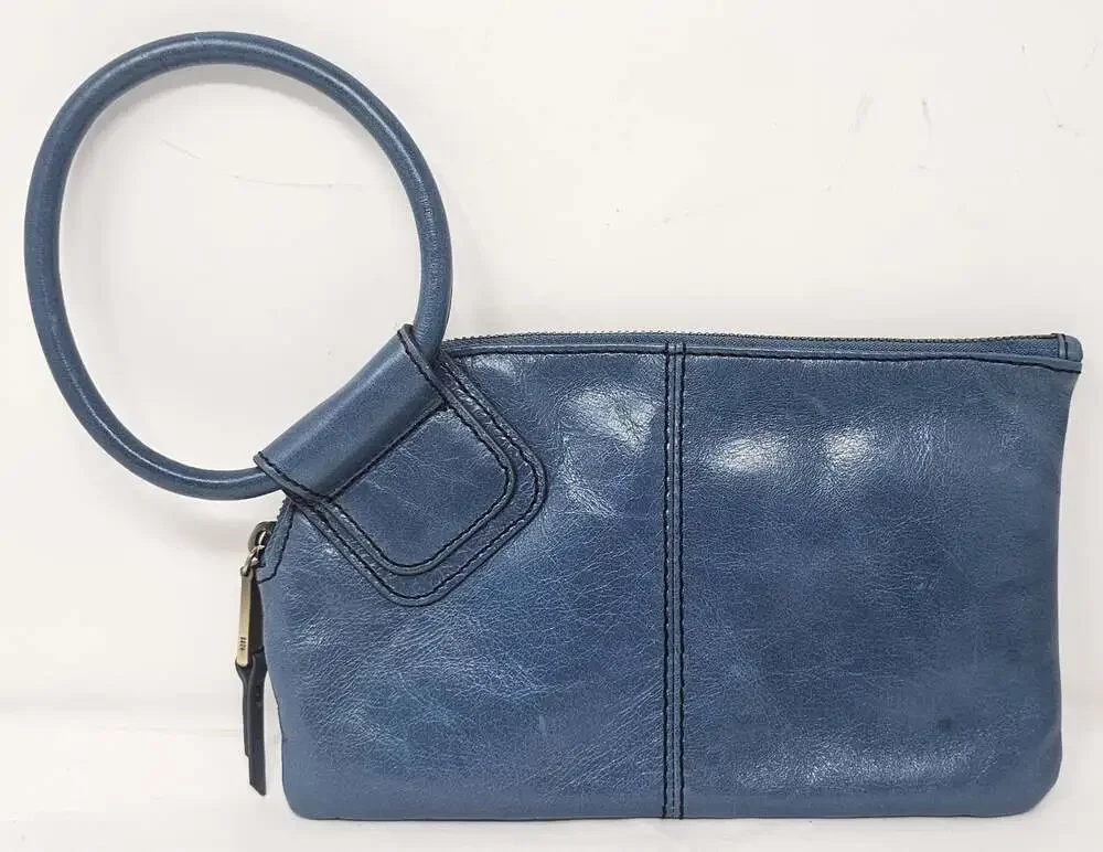 HOBO Sable Clutch Leather Wristlet Blue Circular Handle Brass Tone Hardware
